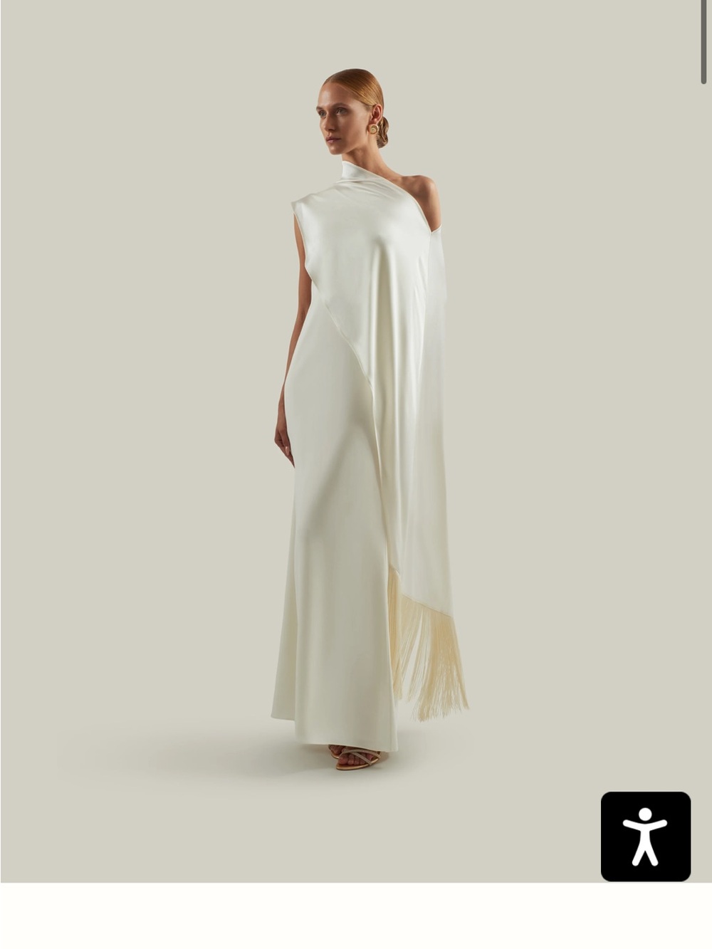 One-Shoulder Cream Fringe Wedding Gown
